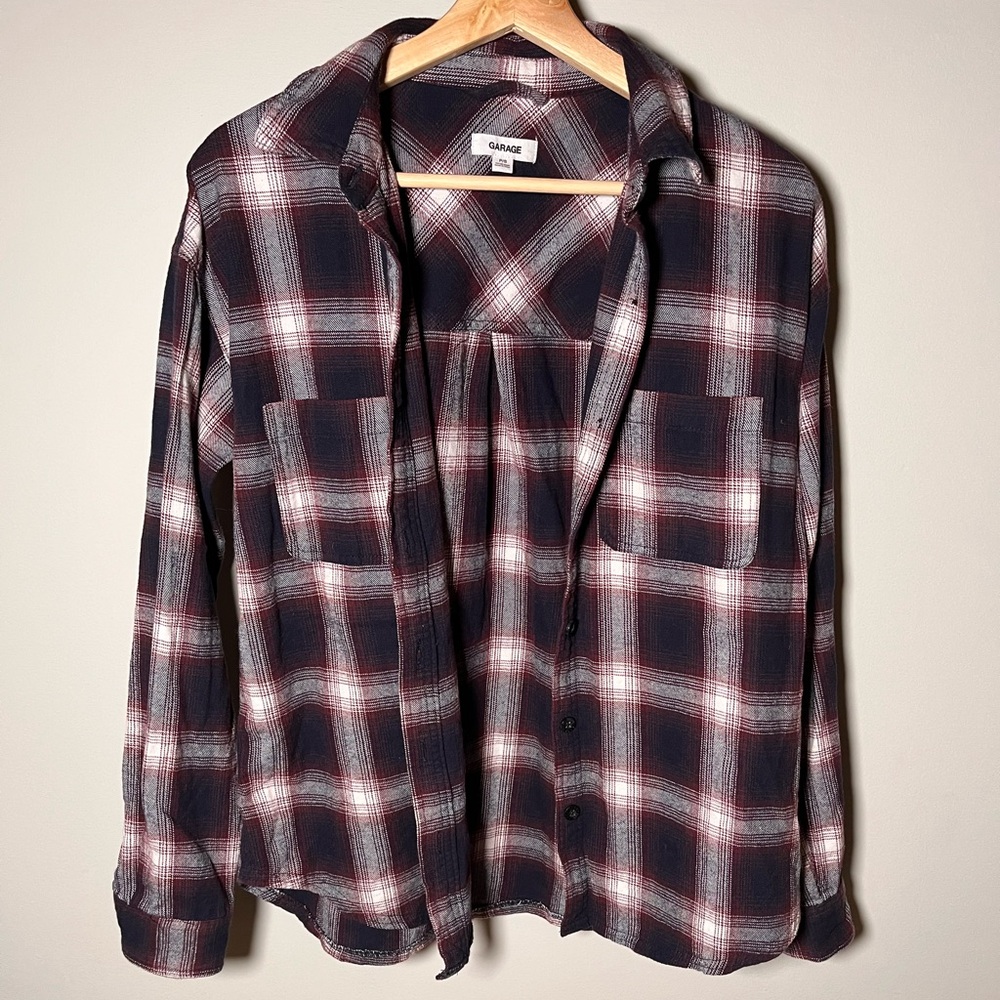 Garage Plaid Flannel Button Down Shirt Burgundy‎ Navy Blue White Small P/S